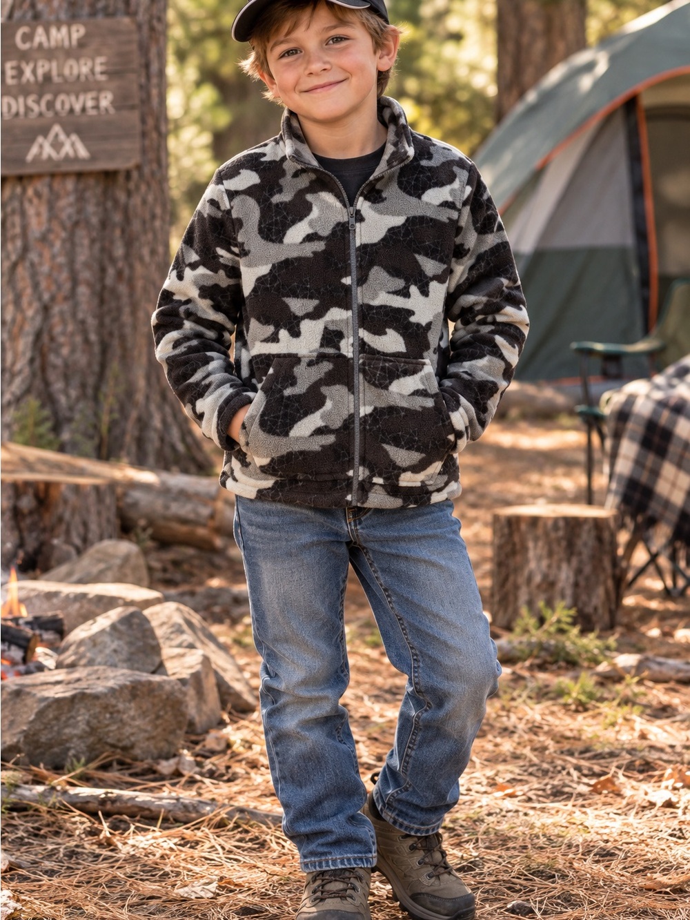 Eddie Bauer Kids 7/8 Camo Fleece Full Zip Jacket Gray Black